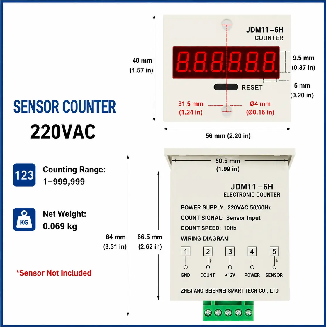 JDM11-6H 6 Digit Digital Counter LED Display Electronic Totalizer Industrial Panel Mount Counter Power Failure Memory 12-380V product view