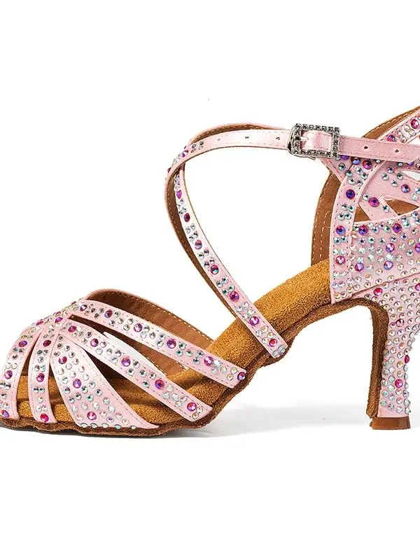 Latin dance shoes pink adult women's high heels rhinestone square dance shoes soft sole national standard double ballroom dance detail