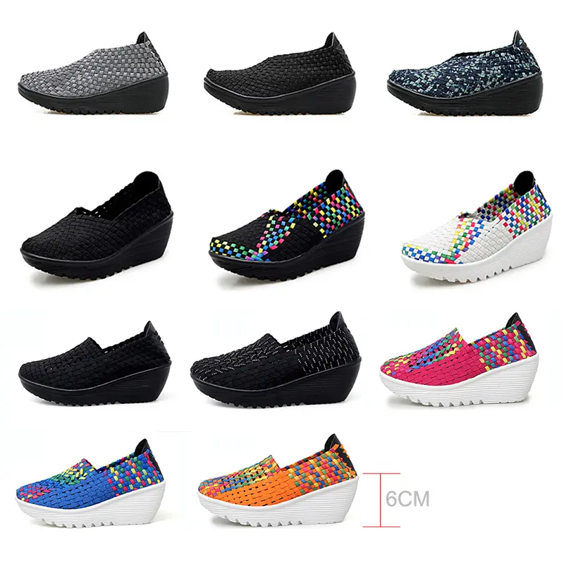 EOFK Autumn Women Woven Shoes Loafers Platform Handmade Elastic Slip on Nylon Woven Casual Wedges Shoes Lady product view