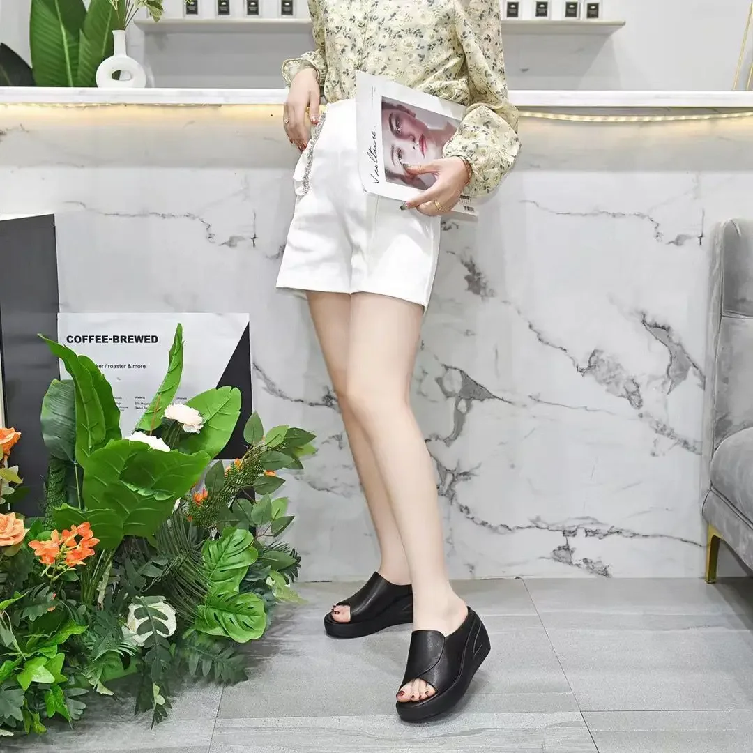 2024 Summer New Open Toe Sexy Solid Thick Sole Slope Heel Slippers for Women Outwear Comfortable Women's Single Shoes Sandals detail