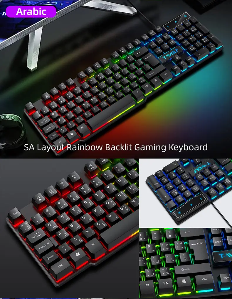Mechanical Feel Gaming Keyboard Light Backlit RGB Wired Keyboard USB Office Home Media Keys Russian Spanish Arabic English product view