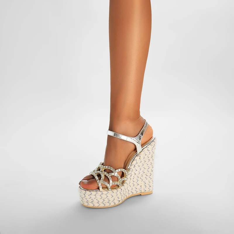 Women's New Summer Round Toe Thick Sole With Diamond Inlaid High Heels, Large Open Toe Hemp Rope Woven Slope Heel Sandals detail