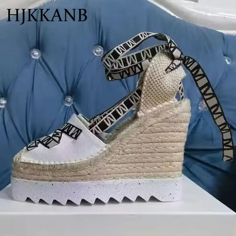 Summer Women Wedge Heel Sandals Canvas Thick Sole Ankle Strappy Sandalias Ladies Beach Vacation Fisherman Shoes Grass Sole Pumps
