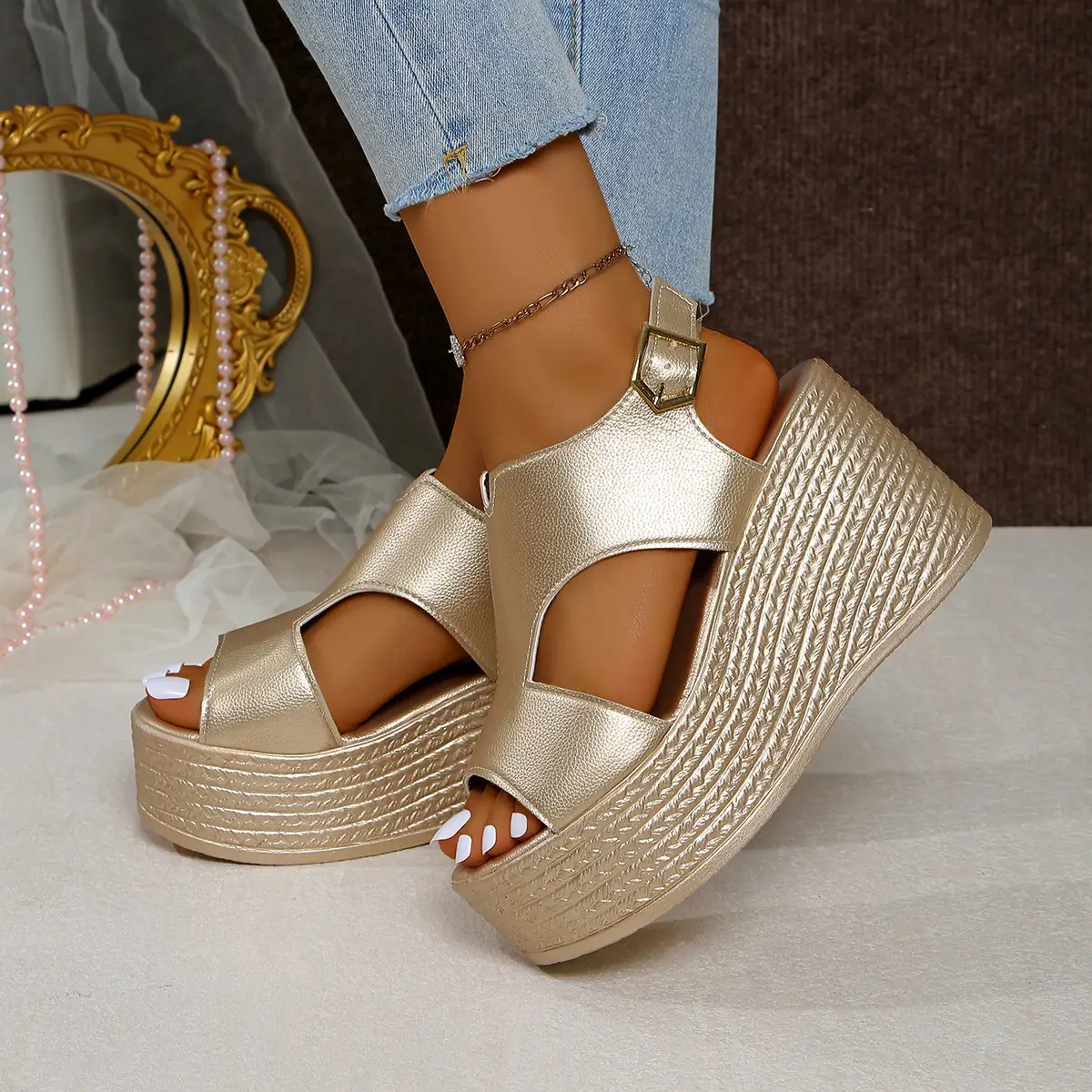 Open-toe Slope Sandals Leather Strap Roman Shoes 2025 Summer Fashion Lightweight Thick Sole Non-slip High Heels Women's Shoes product view