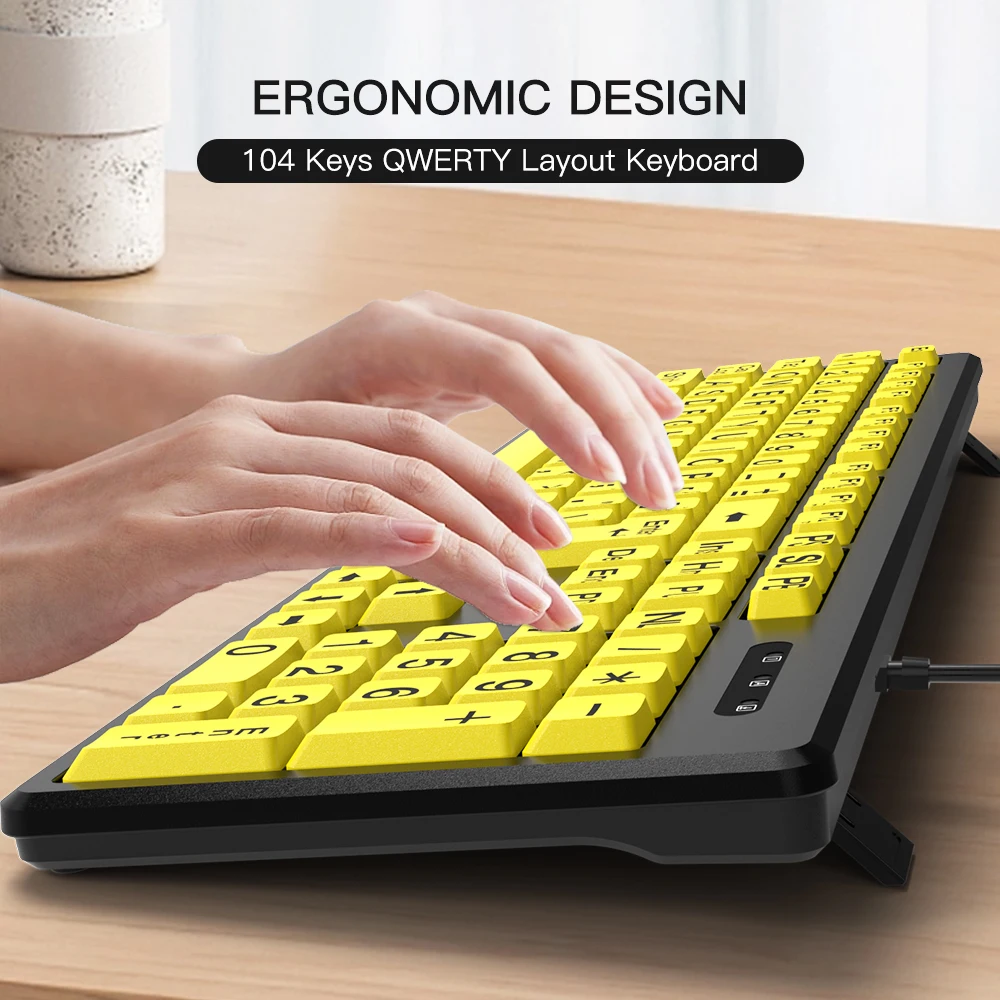 Black Large Print Yellow Buttons Keyboard USB Wired Keyboard for Seniors and Low Vision detail