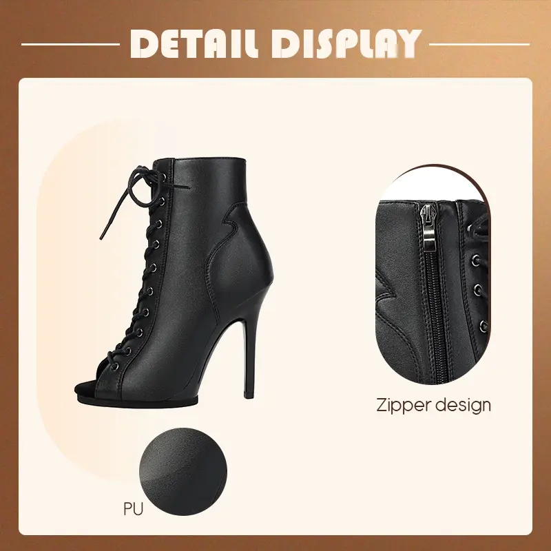 Black Sexy PU Platform Jazz Latin Custom Dance Shoes Lace-up High Heels Dance Shoes Soft-soled Short Boots Dance Boots for Women product view