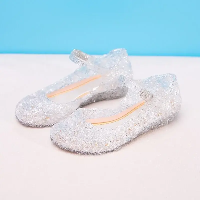 Girls Low Heel Princess Shoes Children New Summer Sandals Girls PVC Jelly Shoes Cinderella Crystal Shoes Kids Slope Heel Sandals