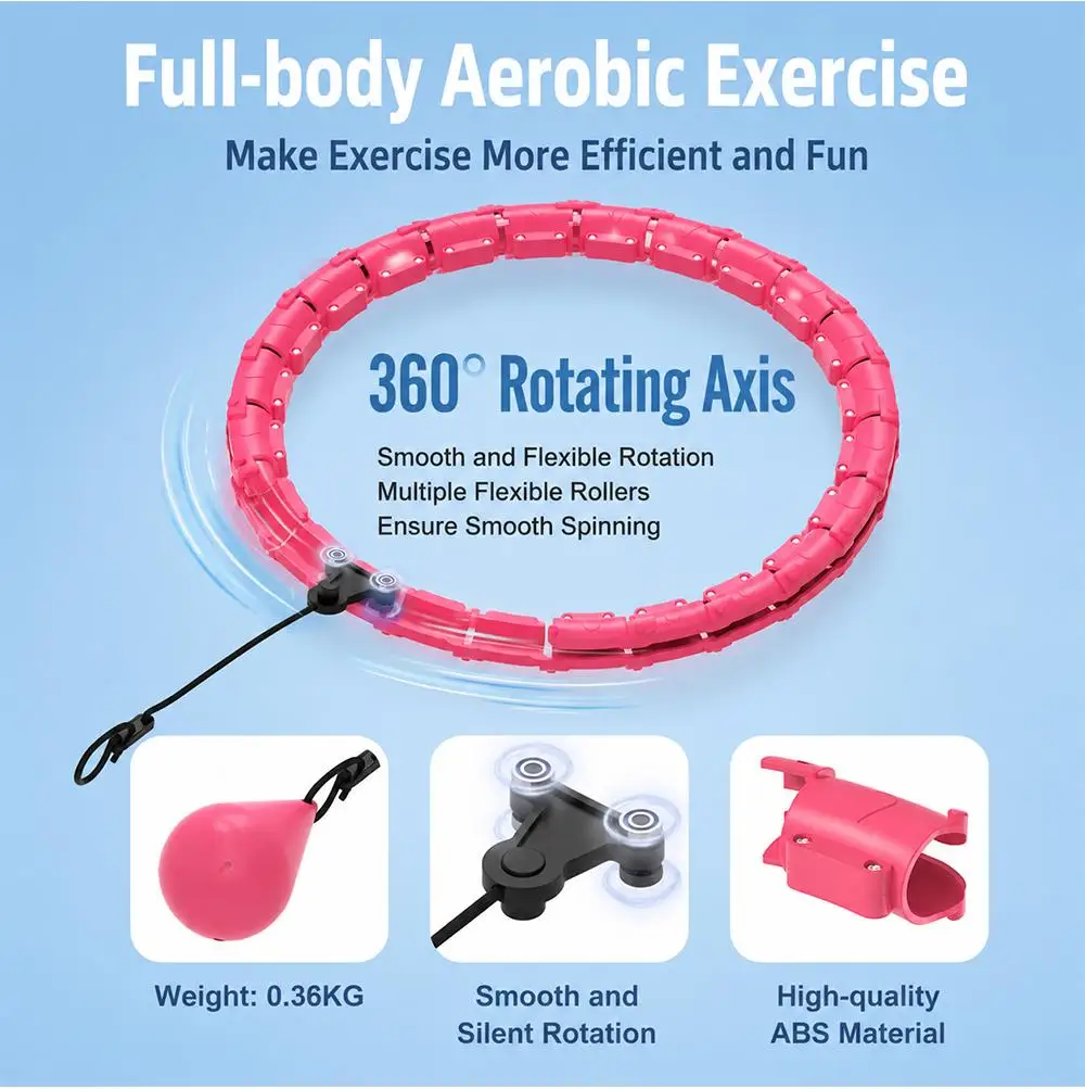 Smart Weighted Fitness Hoop 24 Detachable Links Adjustable Plus Size 47-Inch Slimming Ring Waist Trainer Auto-Spinning Massage Circle for Adults Women Beginners Weight Loss Fat Burning Home Gym Workout Equipment detail