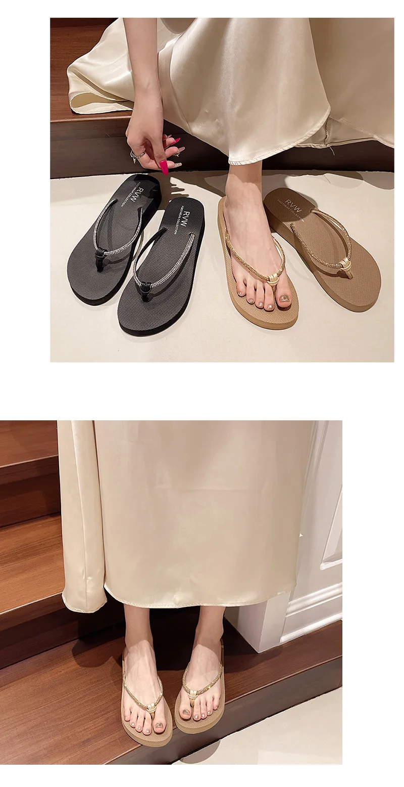New Beach Shoes, Slippers for Women's Summer Fashion, Wearing Rhinestone Flip Flops, Mid Heel, Thick Sole, Sloping Heel, Clip On detail