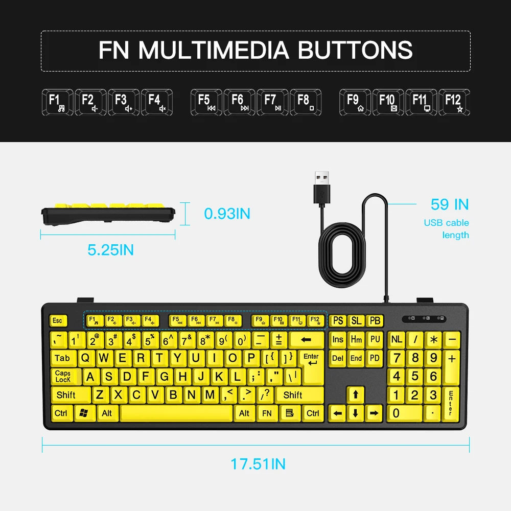 Black Large Print Yellow Buttons Keyboard USB Wired Keyboard for Seniors and Low Vision detail
