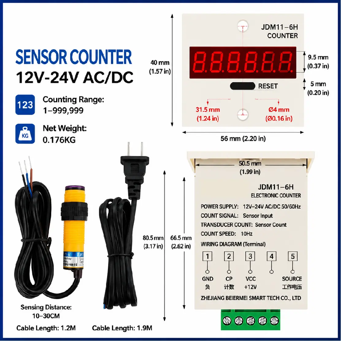 JDM11-6H 6 Digit Digital Counter LED Display Electronic Totalizer Industrial Panel Mount Counter Power Failure Memory 12-380V product view