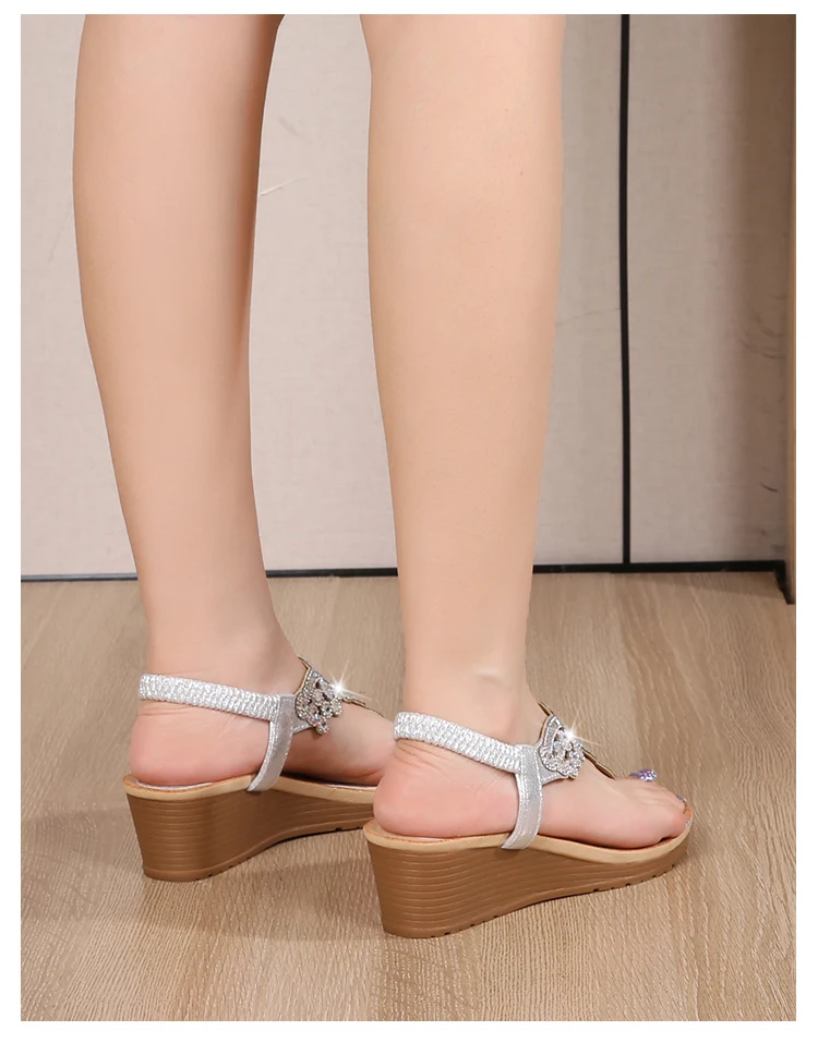 Ladies Roman Sandals Bohemian Ethnic Style Water Diamond Slope Heel Summer New Fashion Shoes Low Help Glue Stick Sandals detail