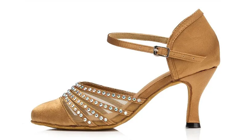 DILEECHI New arrival Tan Satin Latin Modern dance shoes female Autumn and Winter Ballroom dancing shoes thin heels 7.5cm detail
