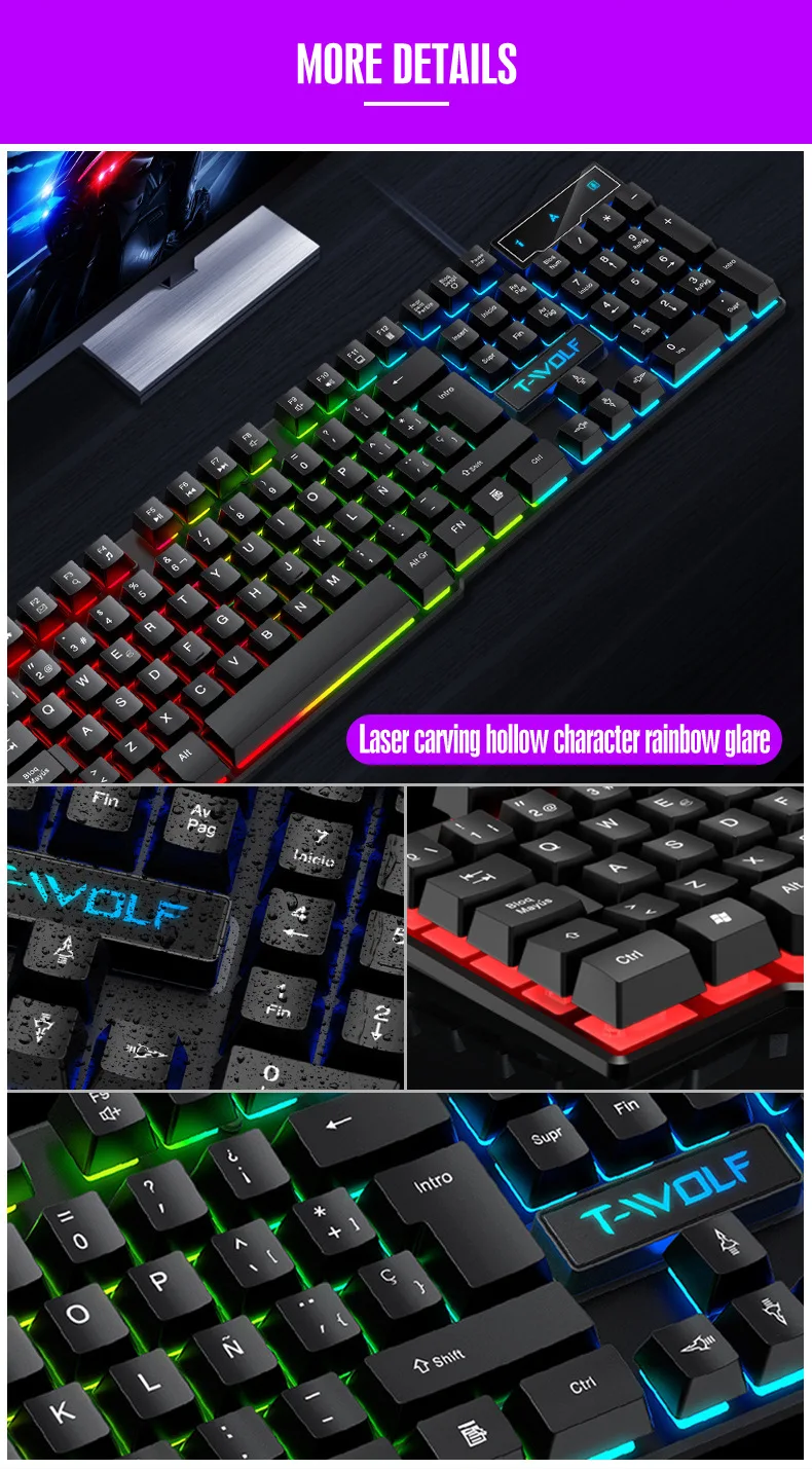 Mechanical Feel Gaming Keyboard Light Backlit RGB Wired Keyboard USB Office Home Media Keys Russian Spanish Arabic English detail