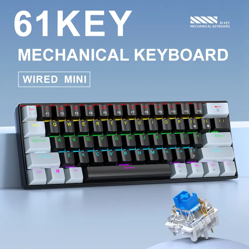 APAYADO K61 Mini 60% Gaming Keyboard 61-Key, Wired, Portable, RGB Lighting, Red/Blue Switch, Black/White/Red Colors product view