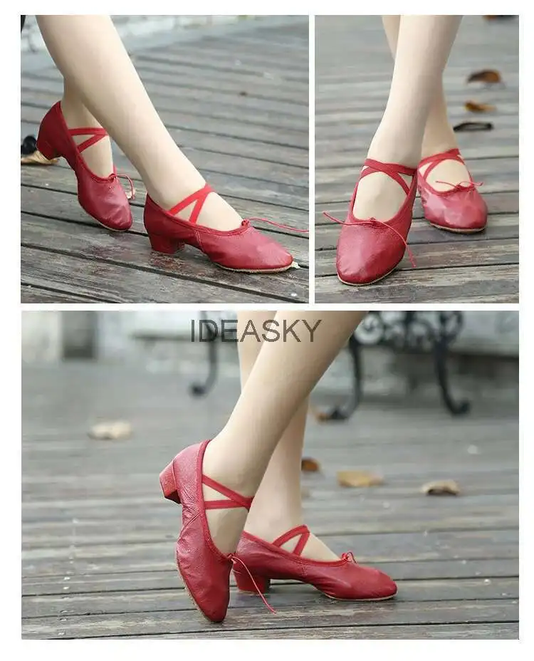 Quality Dancing Shoes For Women Middle Heel Pigskin Canvas Leather Girls Women's Ballet Dance Shoes Belly Yoga Teachers's Shoes detail