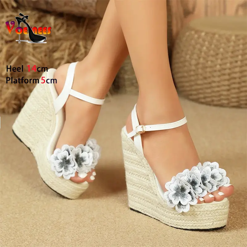 Women Sexy Wedge Sandals with Flower Sexy 14cm Fashion Simple Slope Heel Waterproof Platform Hemp rope woven bottom Car Sandals product view