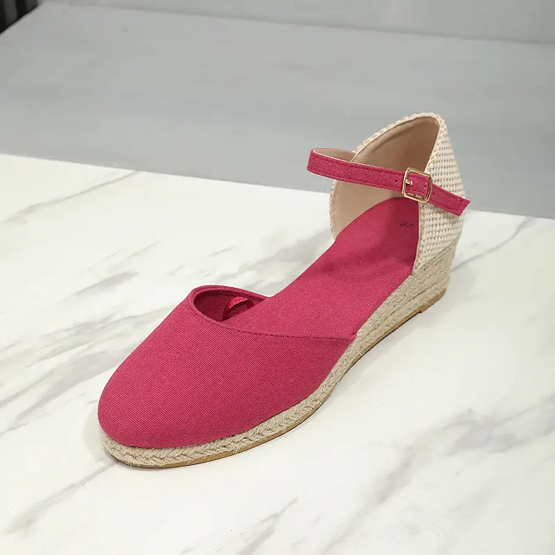 Baotou Sandals for Women's 2026 Summer Grass Woven Hemp Rope Slope Heel Shoes Women Round Toe Thick Sole Buckle Womens Sandals product view