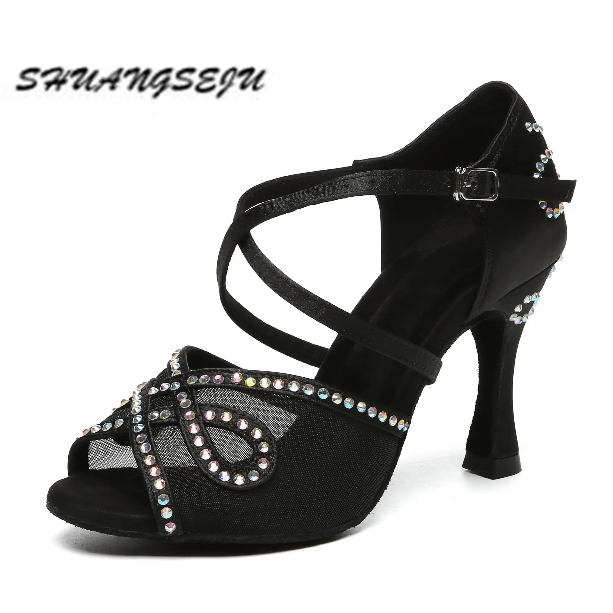 SHUANGSEJU New adult Latin dance Shoes Women Salsa Fashion shiny glass slipper Bachata performance shoes Black Everything 6-10cm product view