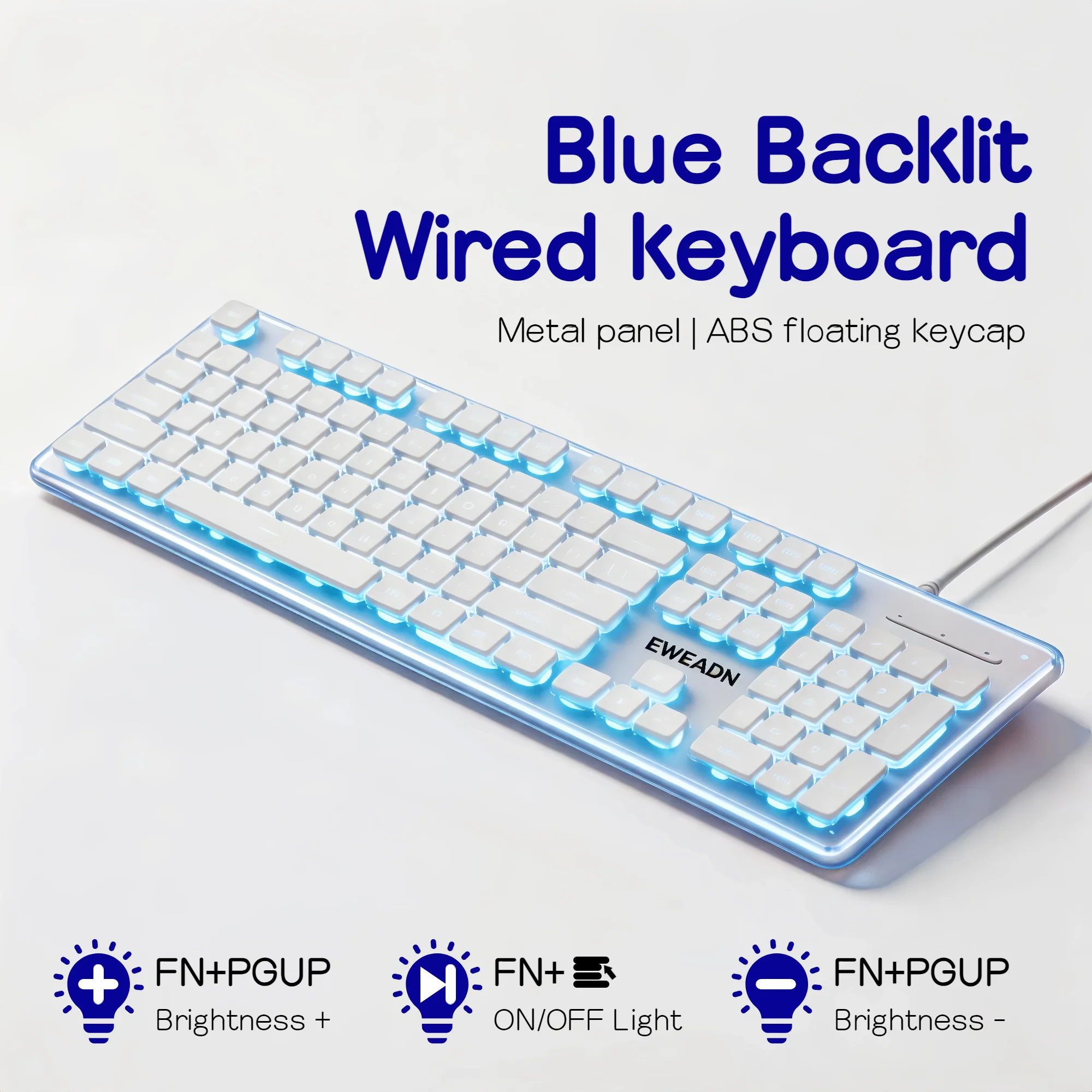 Ice Blue Backlit Gaming Keyboard Pudding Keycaps Metal Panel Wired USB LED Light Adjustable 104 Keys Mechanical Feel Pink White for PC Laptop product view