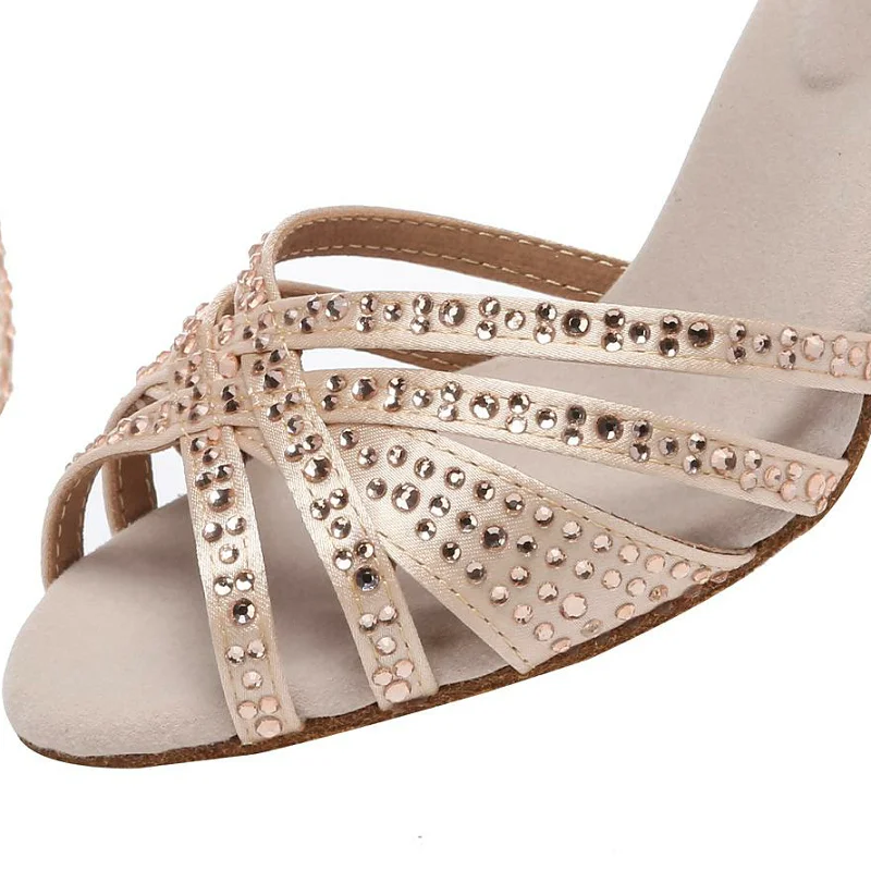 Latin Dance Shoes Adult Women's High Heel Dance Shoes Satin Salty High Heel Shoes with Diamond Embedding Dance Shoes 7.5cm product view