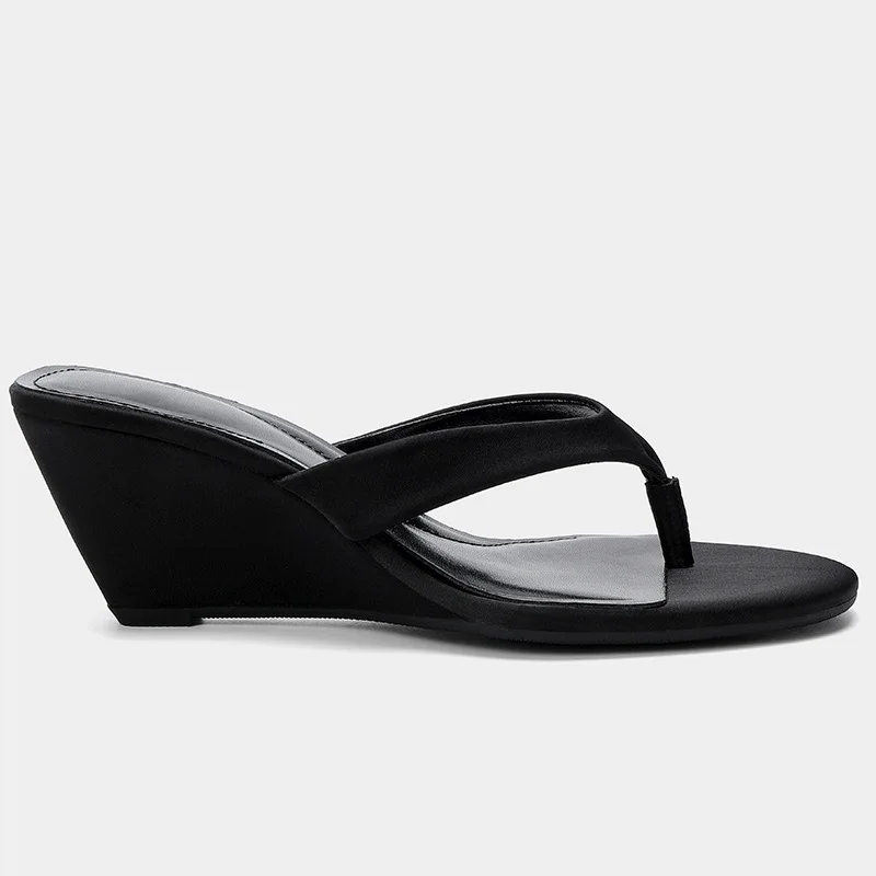 Fashion Summer Black Women's Slippers Round Toe Sloping Heels 6cm Ladies Pumps Flip Flops Slip-on Leisure Beach Shoes Size 35-40 detail