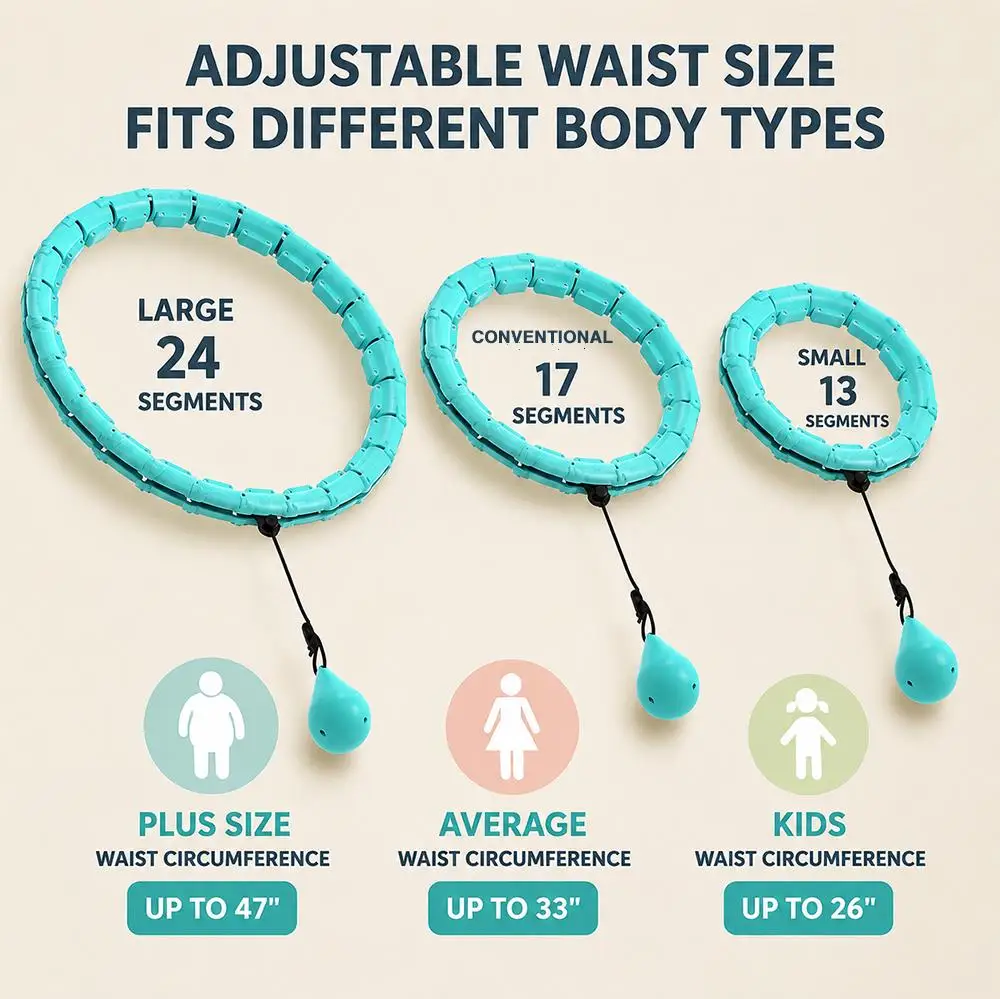 Smart Weighted Fitness Hoop 24 Detachable Links Adjustable Plus Size 47-Inch Slimming Ring Waist Trainer Auto-Spinning Massage Circle for Adults Women Beginners Weight Loss Fat Burning Home Gym Workout Equipment detail