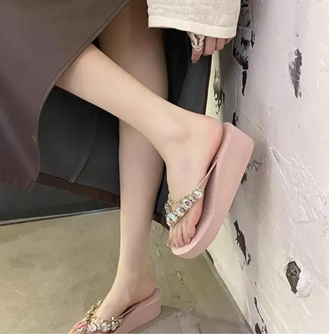 Rhinestone Women's Sandals Summer Outdoor Wear Heightening Slope Heel Beach Sandals Slip-On Anti-Slip product view
