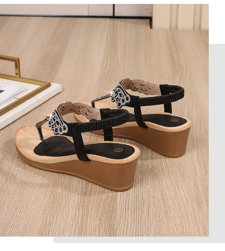 Ladies Roman Sandals Bohemian Ethnic Style Water Diamond Slope Heel Summer New Fashion Shoes Low Help Glue Stick Sandals detail
