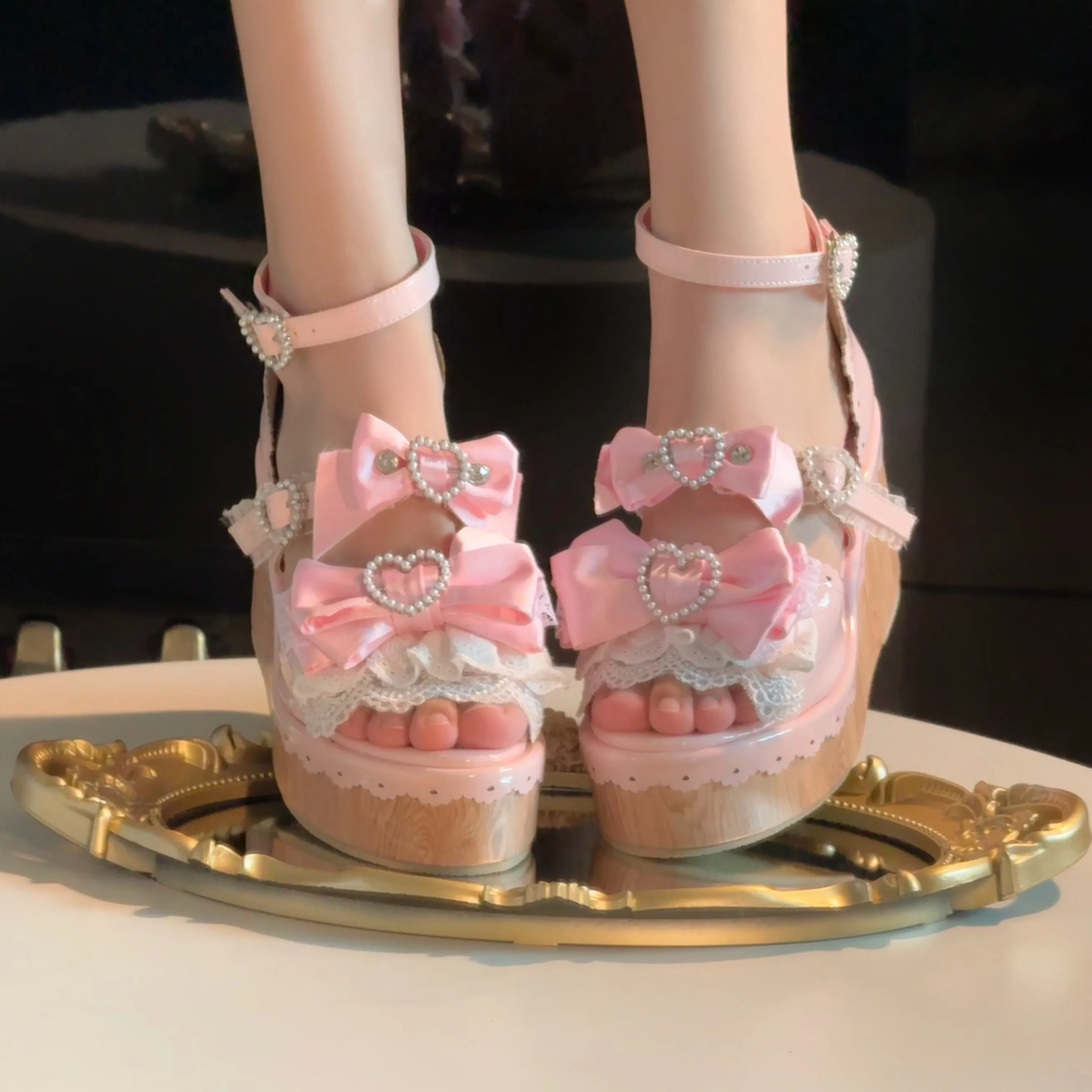 Y2K Millennium Lolita Original Design Slope Heel Open-toed Sandals Japanese Girl Ancient Feeling Sweet Bow Lo Shoes detail