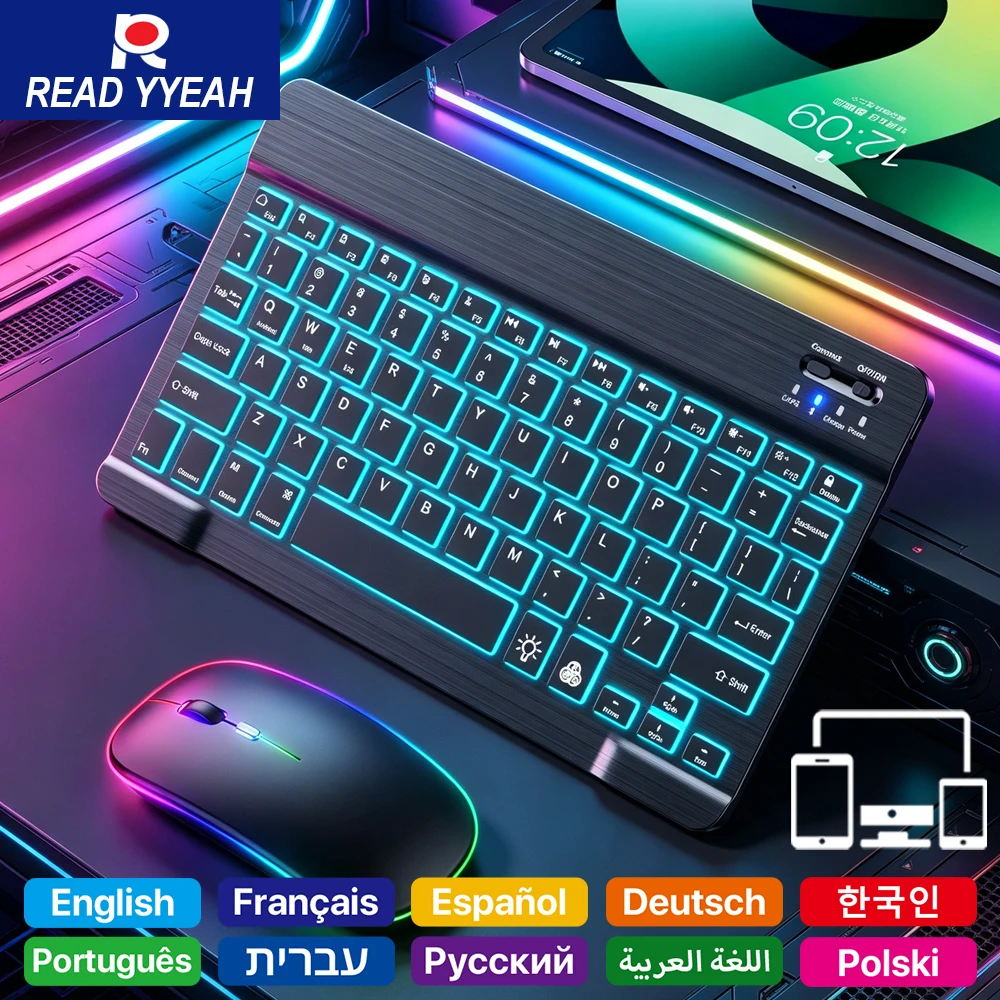 READ YYEAH RGB Backlit Bluetooth Keyboard Mouse Combo Multi-language Rechargeable Wireless Keyboard for Tablet Laptop PC Gaming detail