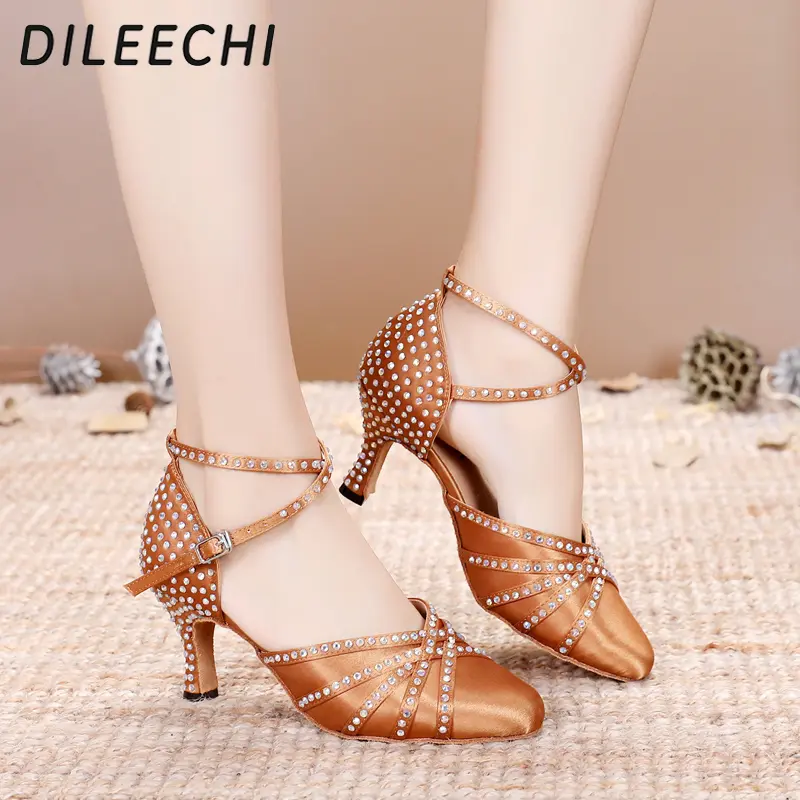 DILEECHI Tan Satin rhinestones Latin Modern dance shoes women Autumn and Winter Ballroom dancing shoes 7.5cm closed toe shoes