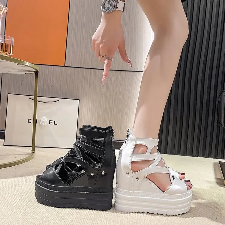 Women's High Heel Sandals 13CM Slope Heel Thick Bottom Cross Band Fish Mouth Shoes New Style Increased Height Summer Shoes detail