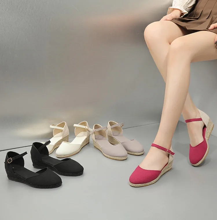 Baotou Sandals for Women's 2026 Summer Grass Woven Hemp Rope Slope Heel Shoes Women Round Toe Thick Sole Buckle Womens Sandals detail