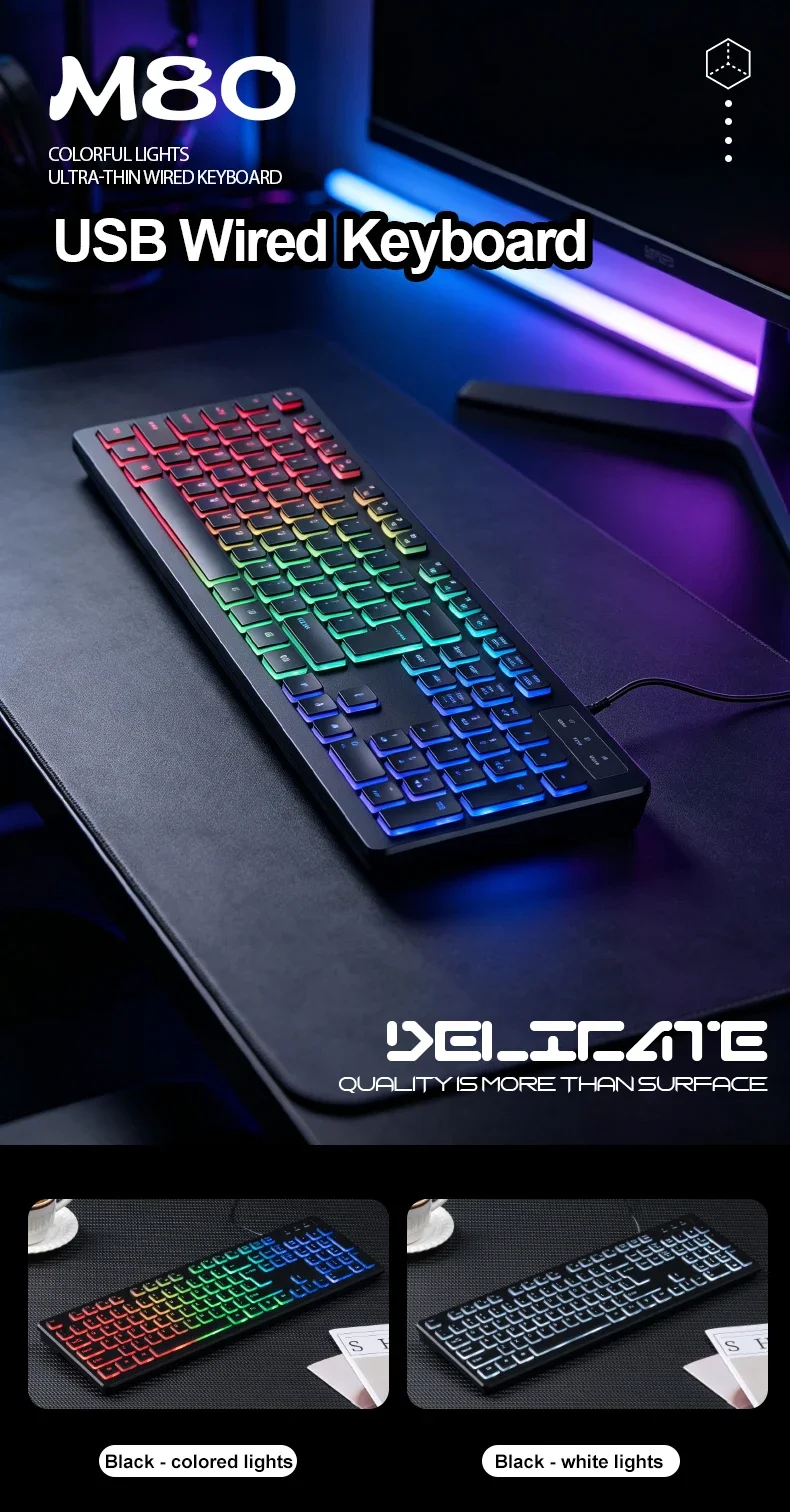 APAYADO M80 Quiet Office Wired Keyboard Thin-Film Structure 495g Weight 148CM Long Cord Full Layout USB Computer Keyboard detail