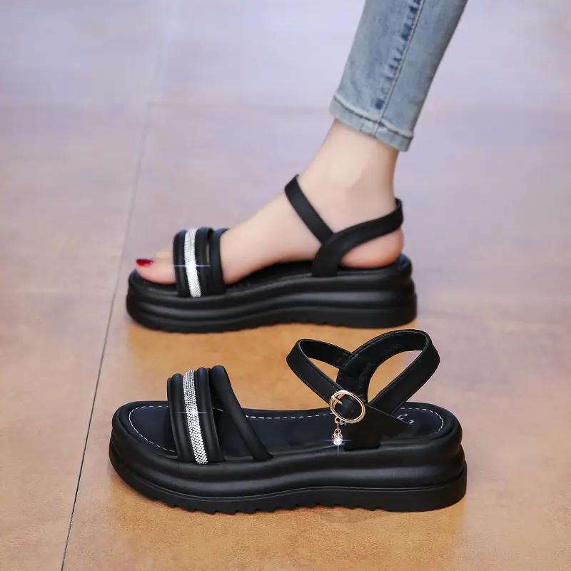 **Summer New Comfortable Round Head Thick Bottom Slope Heel Sandals Fashionable/Elegant Water Diamond Fish Mouth Sandals Women product view