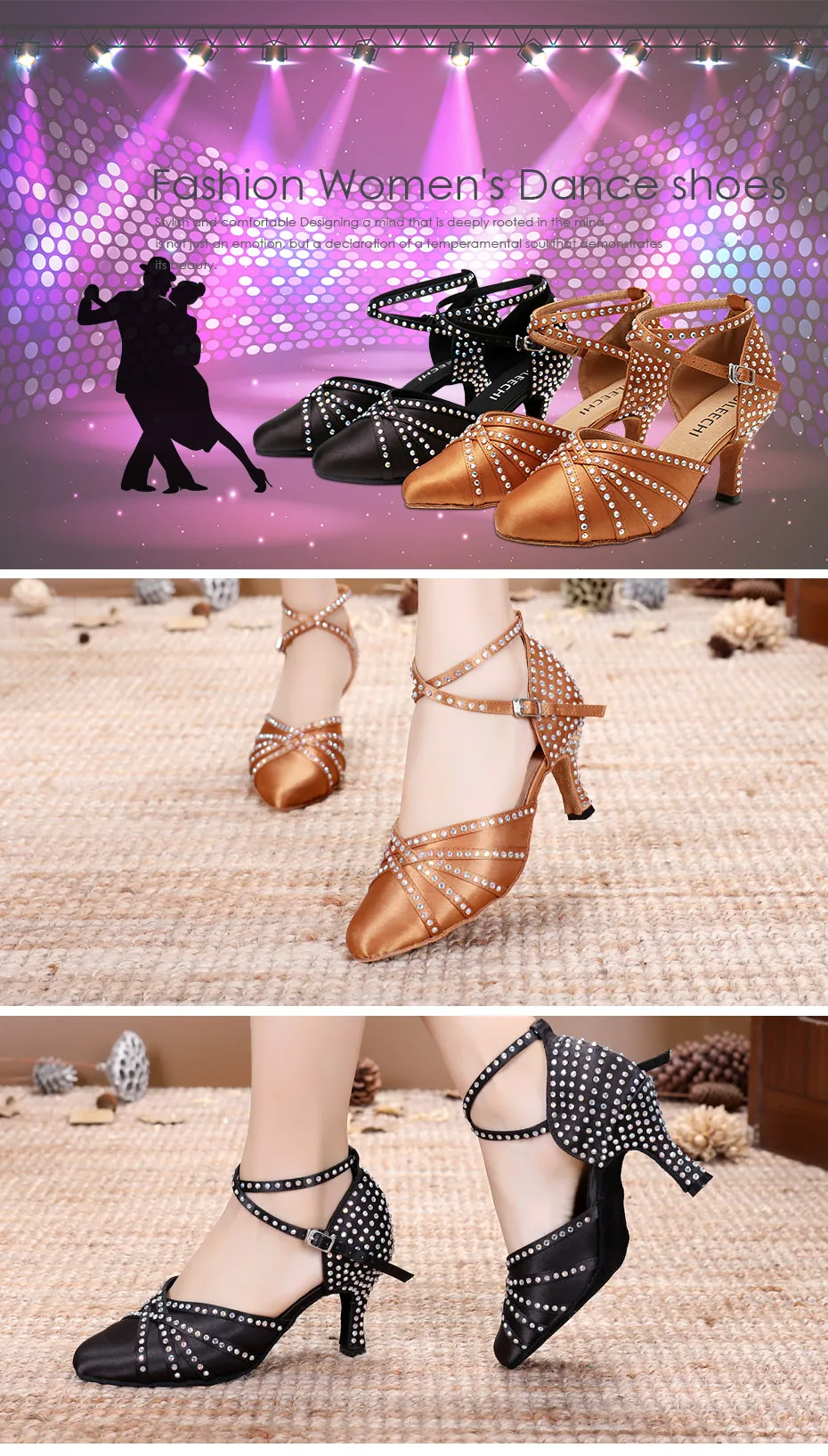 DILEECHI Tan Satin rhinestones Latin Modern dance shoes women Autumn and Winter Ballroom dancing shoes 7.5cm closed toe shoes detail