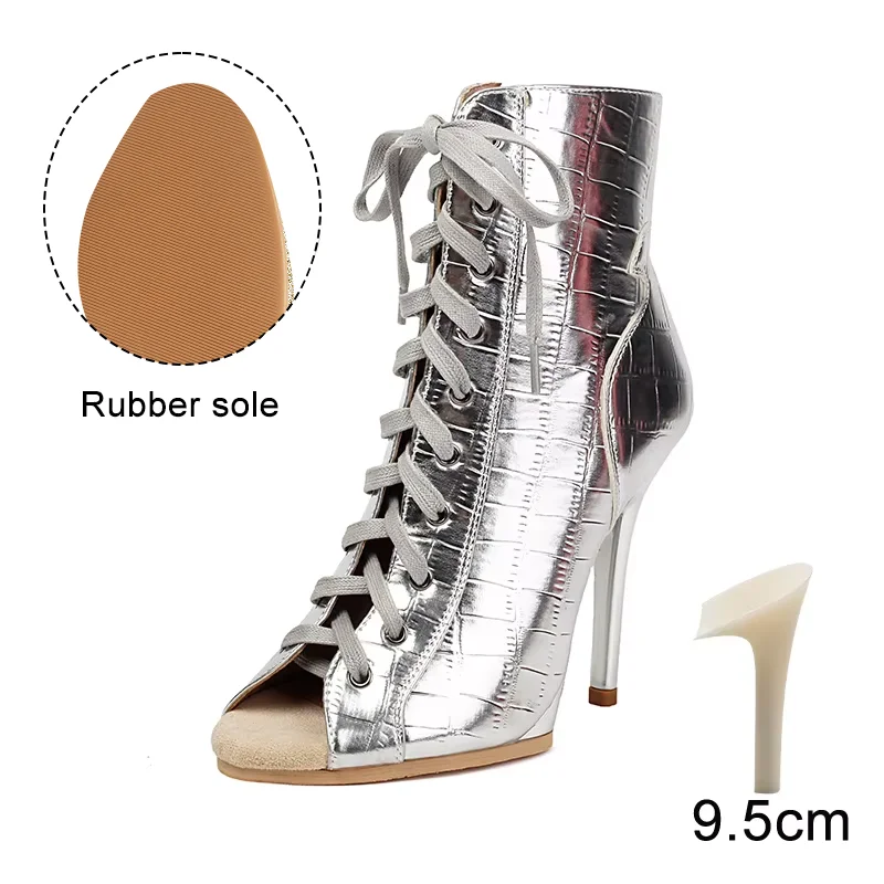 Black Sexy PU Platform Jazz Latin Custom Dance Shoes Lace-up High Heels Dance Shoes Soft-soled Short Boots Dance Boots for Women product view