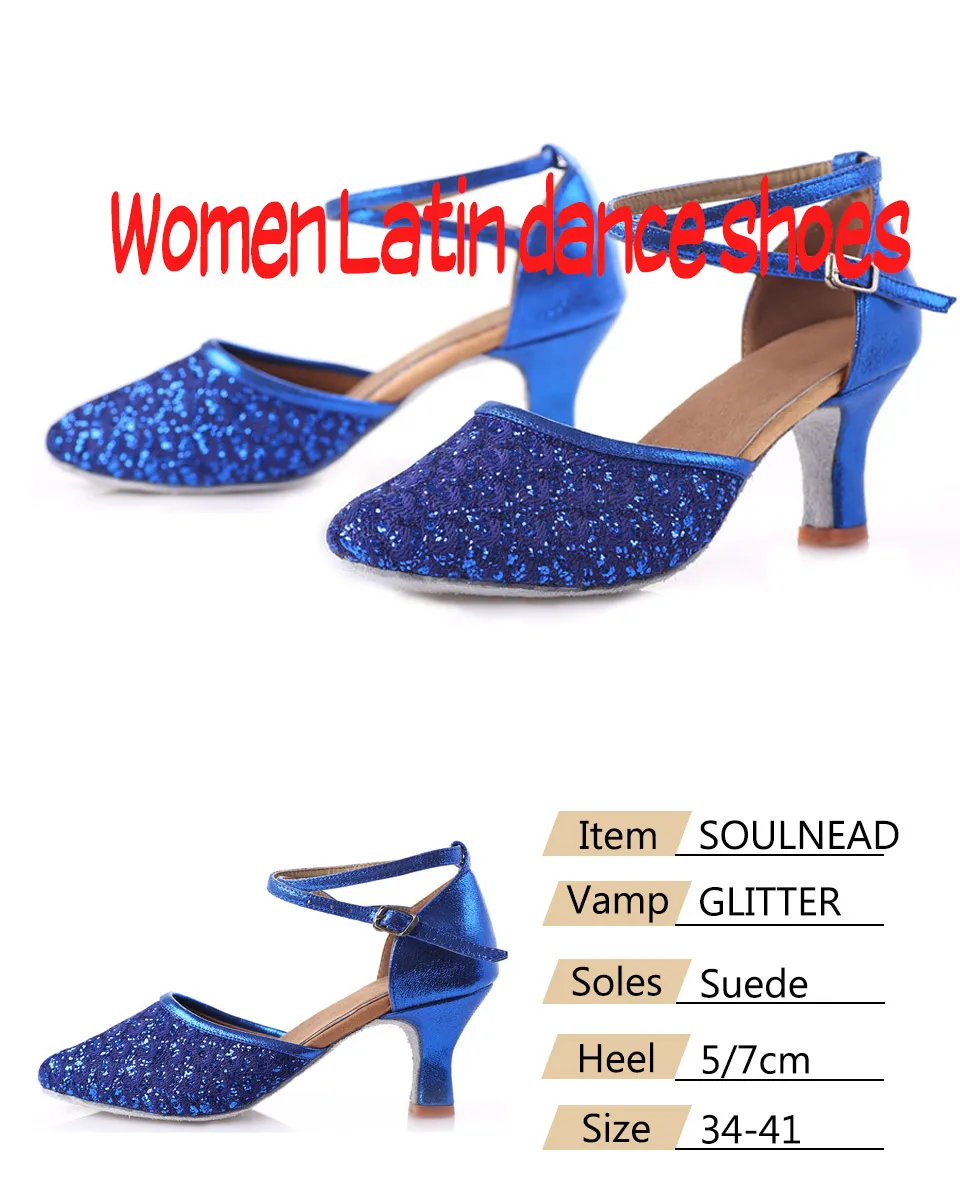 Adult Ladies Women Latin/Salsa/Tango Dance Shoes Closed Toe Glitter Blue/Black Ballroom Dance Shoes High Heels 5/7cm Party Shoes detail