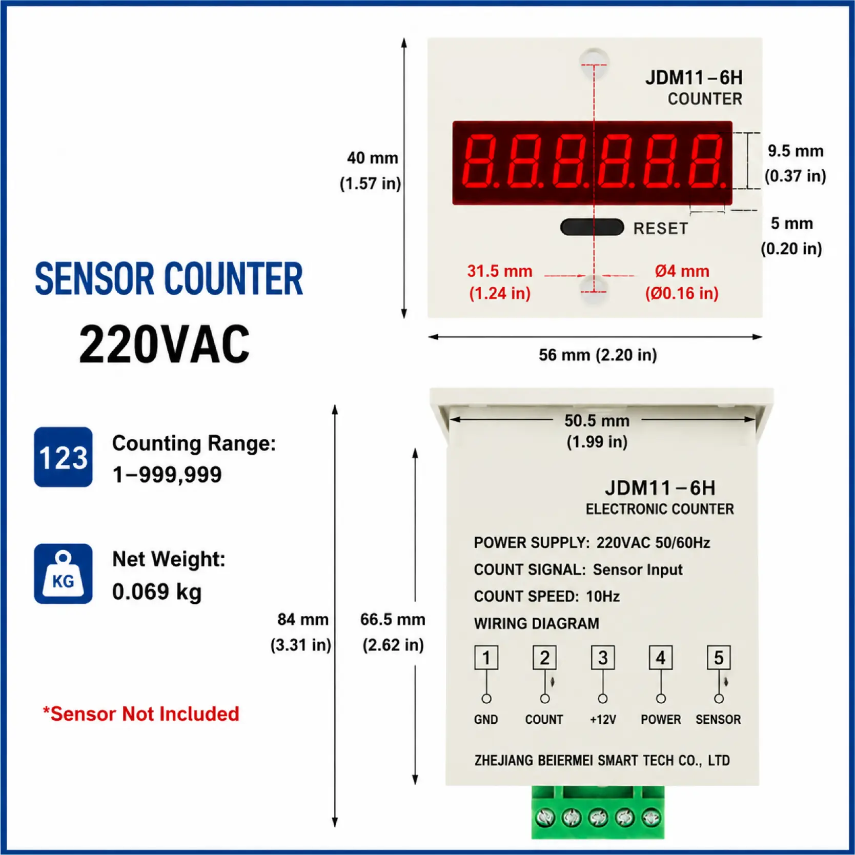 JDM11-6H 6 Digit Digital Counter Electronic Counter Totalizing Counter Resettable Power Failure Memory 12-24V 36V 110V 220V 380V product view