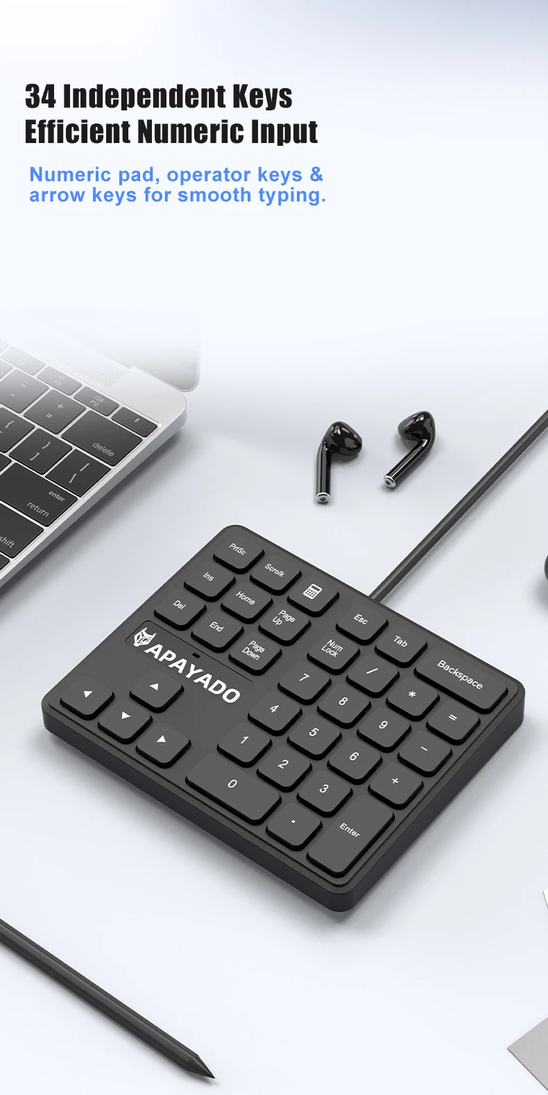 T35 Wired Numeric Keypad 34 Keys APAYADO USB Number Pad Plug Ergonomic Ultra Thin Portable for Finance detail
