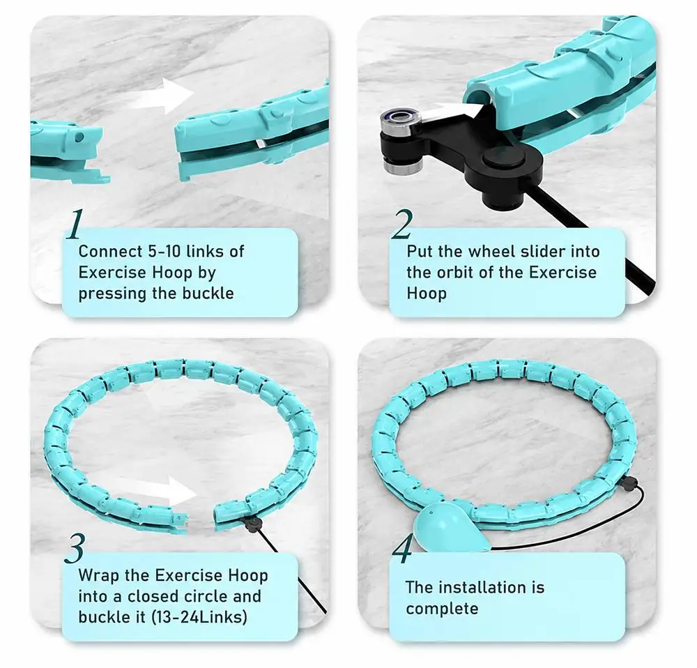 Smart Weighted Fitness Hoop 24 Detachable Links Adjustable Plus Size 47-Inch Slimming Ring Waist Trainer Auto-Spinning Massage Circle for Adults Women Beginners Weight Loss Fat Burning Home Gym Workout Equipment detail