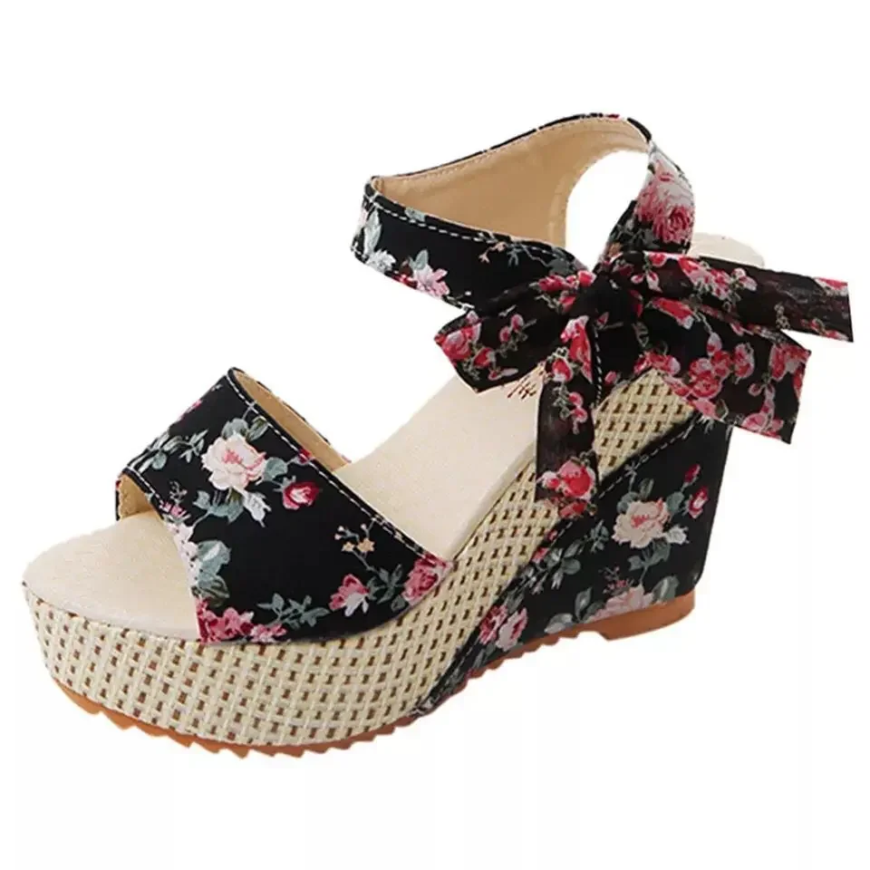 Summer New Fashion Slope Heel Fish Mouth Women's Sandals Party Lace Lace Strap Waterproof Platform Thick soled High Heels detail