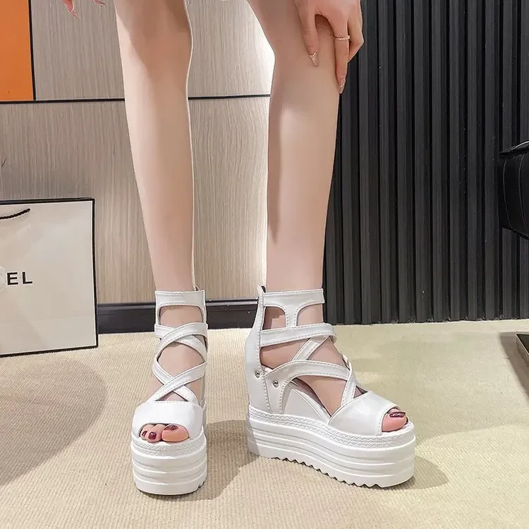 Women's High Heel Sandals 13CM Slope Heel Thick Bottom Cross Band Fish Mouth Shoes New Style Increased Height Summer Shoes detail