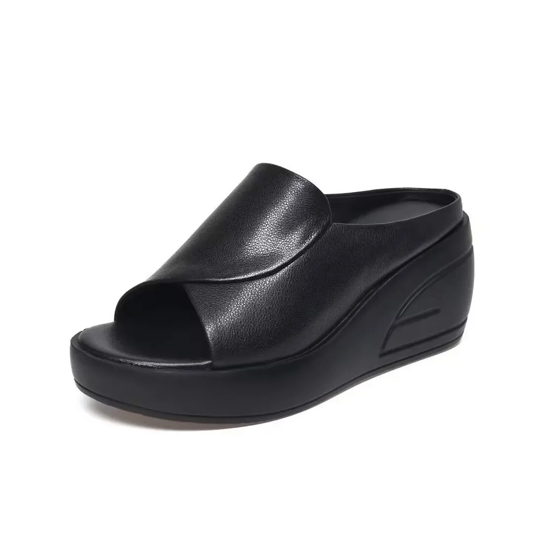 2024 Summer New Open Toe Sexy Solid Thick Sole Slope Heel Slippers for Women Outwear Comfortable Women's Single Shoes Sandals detail