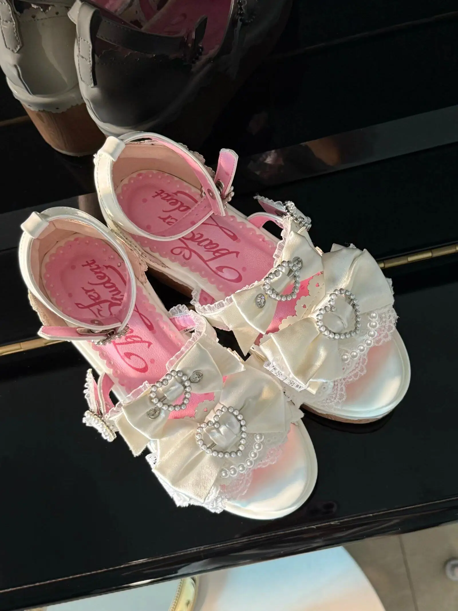 Y2K Millennium Lolita Original Design Slope Heel Open-toed Sandals Japanese Girl Ancient Feeling Sweet Bow Lo Shoes detail