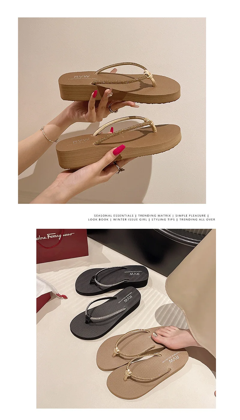 New Beach Shoes, Slippers for Women's Summer Fashion, Wearing Rhinestone Flip Flops, Mid Heel, Thick Sole, Sloping Heel, Clip On detail