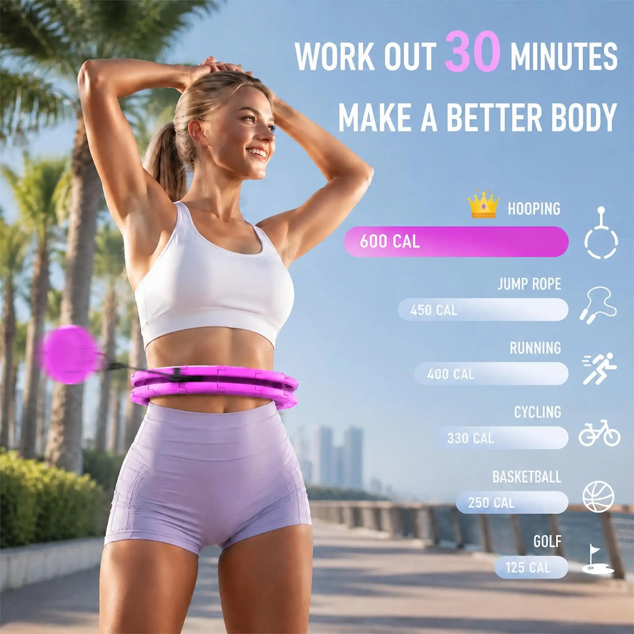 Smart Weighted Fitness Hoop 24 Detachable Links Adjustable Plus Size 47-Inch Slimming Ring Waist Trainer Auto-Spinning Massage Circle for Adults Women Beginners Weight Loss Fat Burning Home Gym Workout Equipment product view