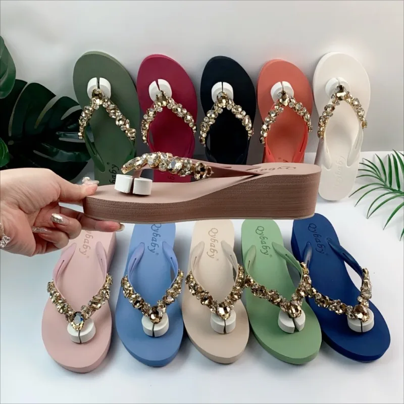 Diamond Slippers Women Summer Outdoor Wear Beach Shoes Sandals Womens Sexy Shoes Slope Heel Flip Flops for Women Chanclas Mujer detail