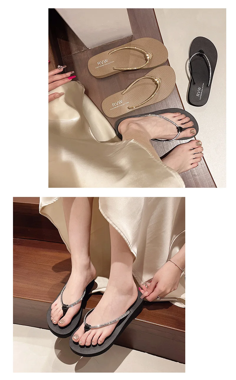 New Beach Shoes, Slippers for Women's Summer Fashion, Wearing Rhinestone Flip Flops, Mid Heel, Thick Sole, Sloping Heel, Clip On detail